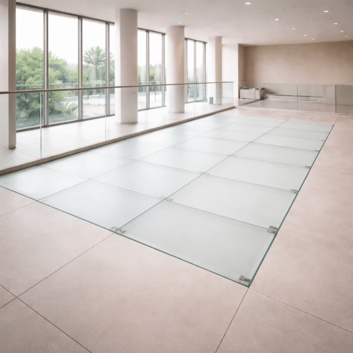 Plancher moderne en verre opaque avec joints métalliques, apportant élégance et fonctionnalité à un espace intérieur contemporain.