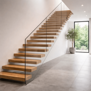 Escalier à marches en bois avec rampe en verre dans un intérieur lumineux, design moderne et épuré