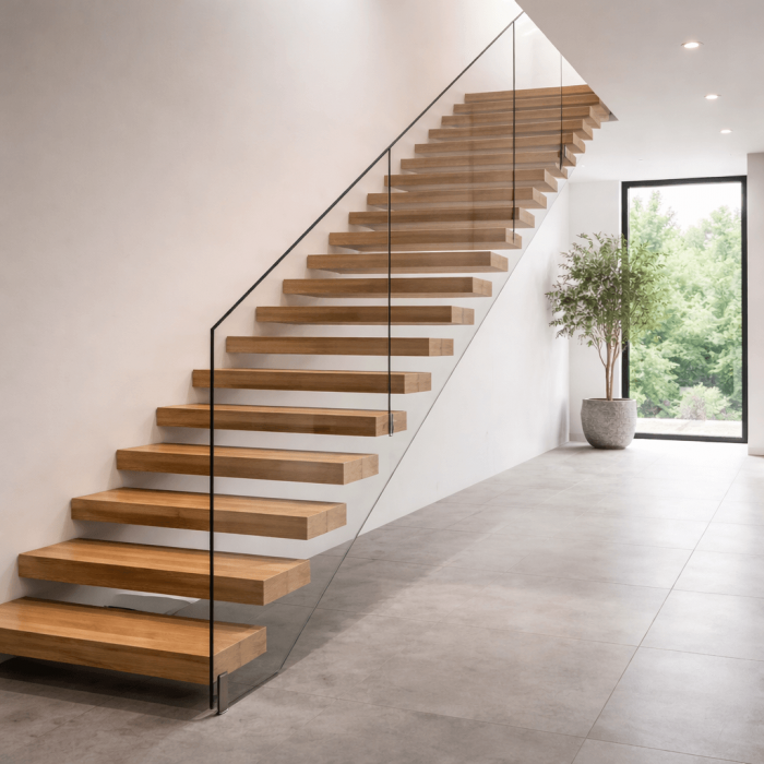 Escalier à marches en bois avec rampe en verre dans un intérieur lumineux, design moderne et épuré