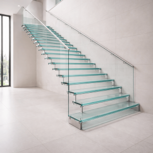 Escalier moderne avec marches en verre trempé et rampe métallique, installation contemporaine et élégante pour un intérieur professionnel