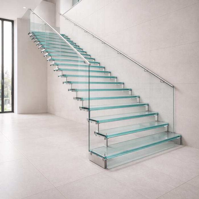 Escalier moderne avec marches en verre trempé et rampe métallique, installation contemporaine et élégante pour un intérieur professionnel