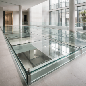 Plancher en verre trempé avec structure métallique, utilisé dans un espace de bureau moderne et lumineux, vue sur le rez-de-chaussée avec lumière naturelle