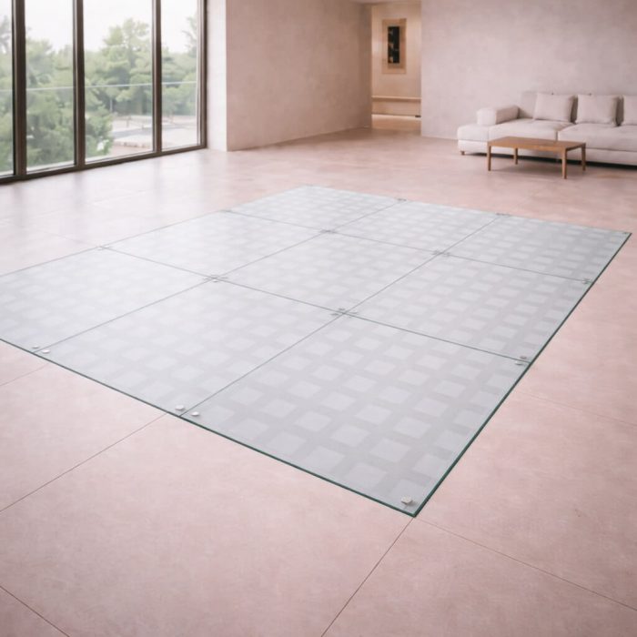 Plancher en verre trempé avec texture carrée, parfait pour ajouter une touche de modernité et de fonctionnalité à un espace contemporain.