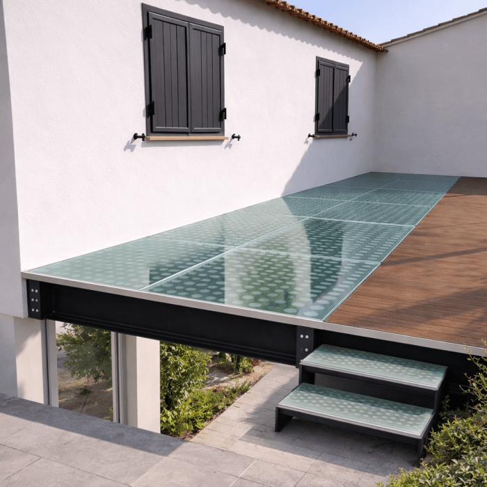 Terrasse en verre avec un design moderne et un escalier métallique, offrant une vue élégante et pratique sur l'extérieur, idéale pour les espaces modernes et contemporains.