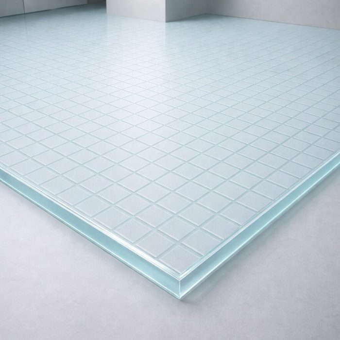 Plancher en verre trempé transparent de 27 mm au motif de carrés, apportant une élégance géométrique aux tables basses ou habillages muraux.