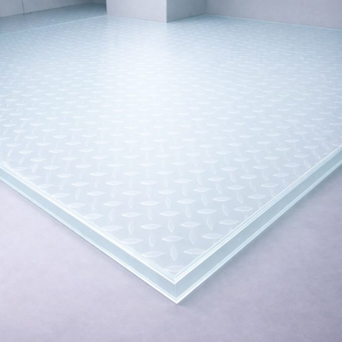 Plancher en verre trempé transparent de 27 mm avec texture elliptique, un motif organique qui ajoute un caractère moderne à tout projet.