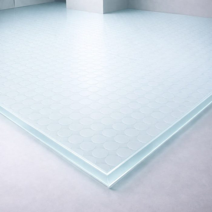 Plancher en verre trempé transparent de 27 mm avec un motif de petits cercles, utilisé pour du mobilier design ou des vitrines décoratives.