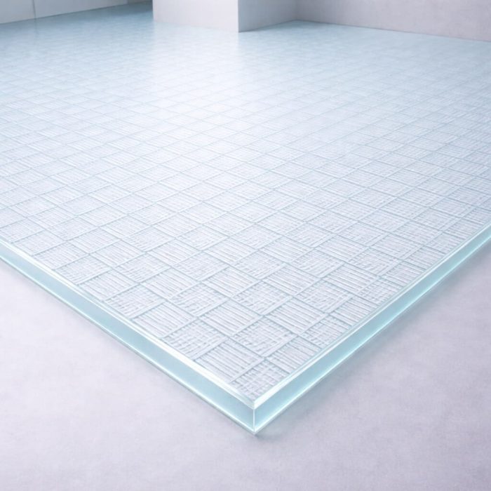 Plancher en verre trempé transparent de 27 mm avec texture industrielle, apportant une touche urbaine et graphique aux éléments décoratifs intérieurs.