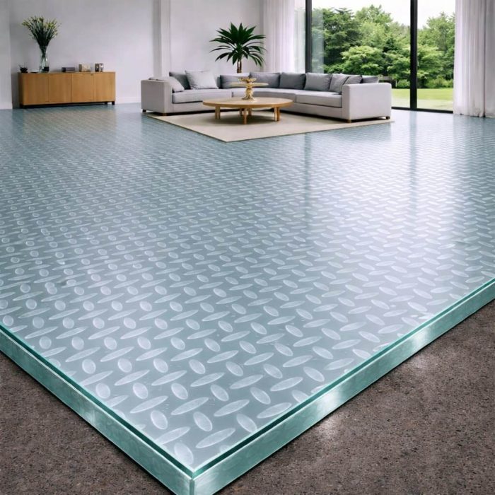 Plancher en verre trempé transparent de 39 mm orné d'ellipses, pour une impression d'élégance aérienne et de légèreté contemporaine.
