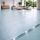 Plancher en verre trempé transparent de 39 mm avec empreinte de grands cercles, alliant une transparence maximale à un motif design.