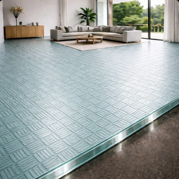 Plancher en verre trempé transparent de 39 mm avec une texture industrielle, créant un contraste saisissant entre pureté et style loft.