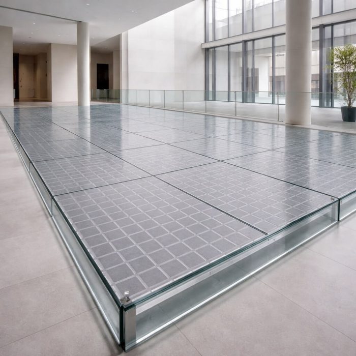 Plancher antidérapant en verre trempé transparent de 33 mm avec motif de carrés, parfait pour salles de bain ou cuisines pour un style sûr et moderne.
