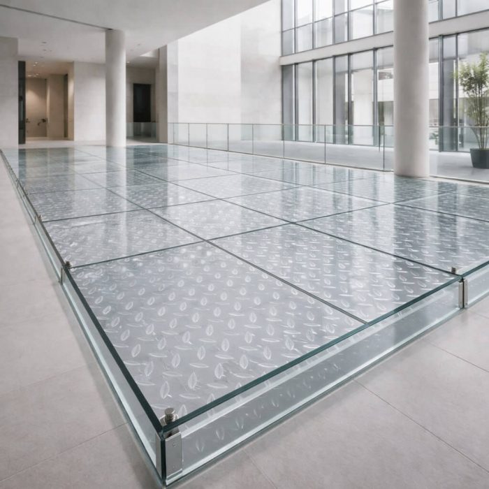Plancher en verre trempé transparent antidérapant de 33 mm avec texture elliptique, offrant un design fluide et une sécurité optimale.