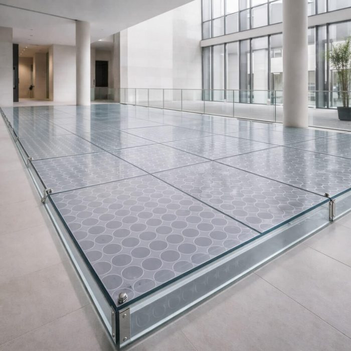 Plancher en verre trempé transparent antidérapant de 33 mm avec texture de grands cercles, idéal pour les escaliers ou terrasses alliant sécurité et esthétique.