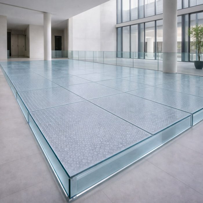 Plancher en verre transparent trempé antidérapant de 33 mm, texture de petits cercles assurant une adhérence sûre sans compromettre la luminosité.