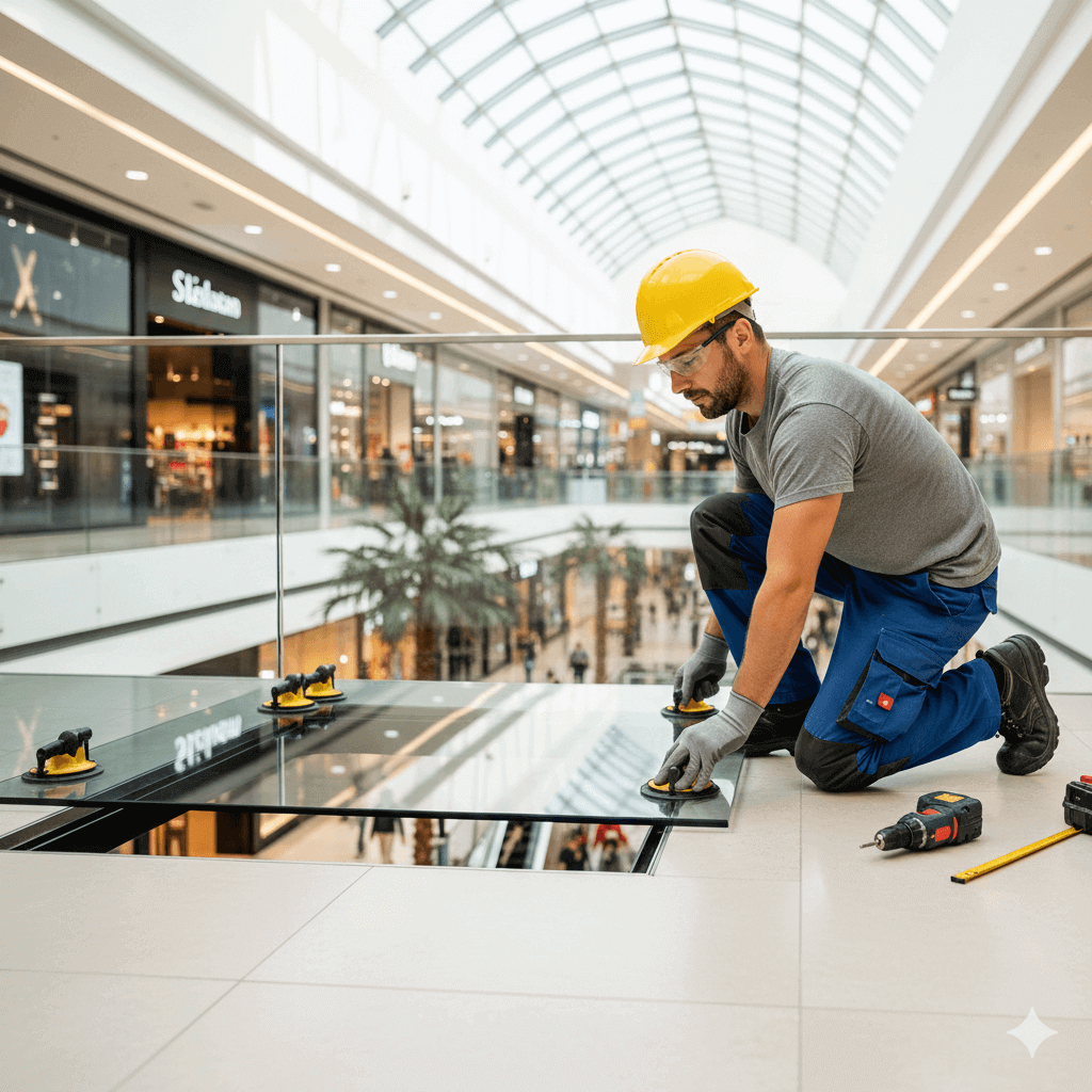 Installation professionnelle d’un plancher en verre trempé sécurisé dans un centre commercial par un technicien qualifié