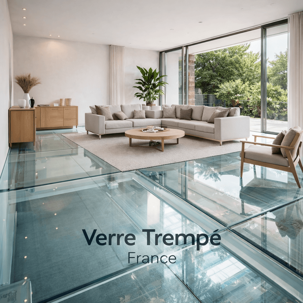 Plancher en verre transparent en verre trempé installé dans un salon moderne, apportant luminosité, design contemporain et sécurité structurelle.
