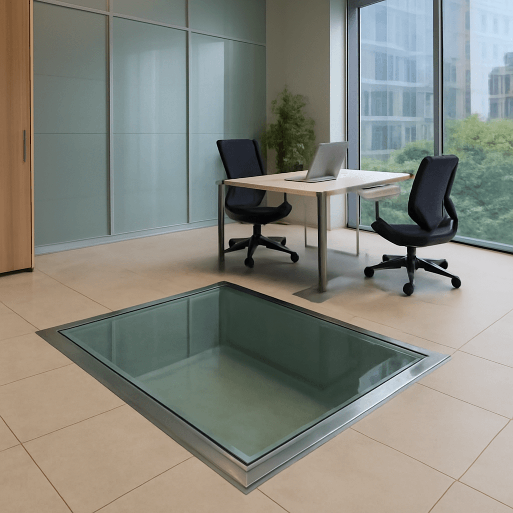 Plancher en verre trempé intégré dans un bureau moderne, solution de sol transparent pour espaces professionnels en France