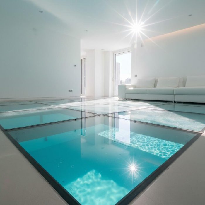 Sol en verre transparent avec piscine sous-sol dans un appartement moderne