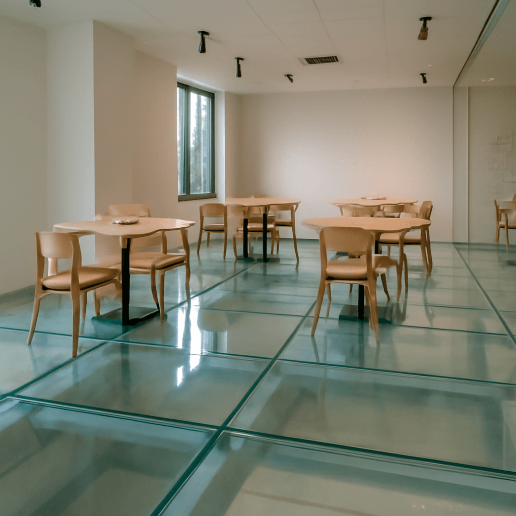 Sol en verre trempé modulaire dans un restaurant moderne, solution de plancher transparent pour espaces publics en France