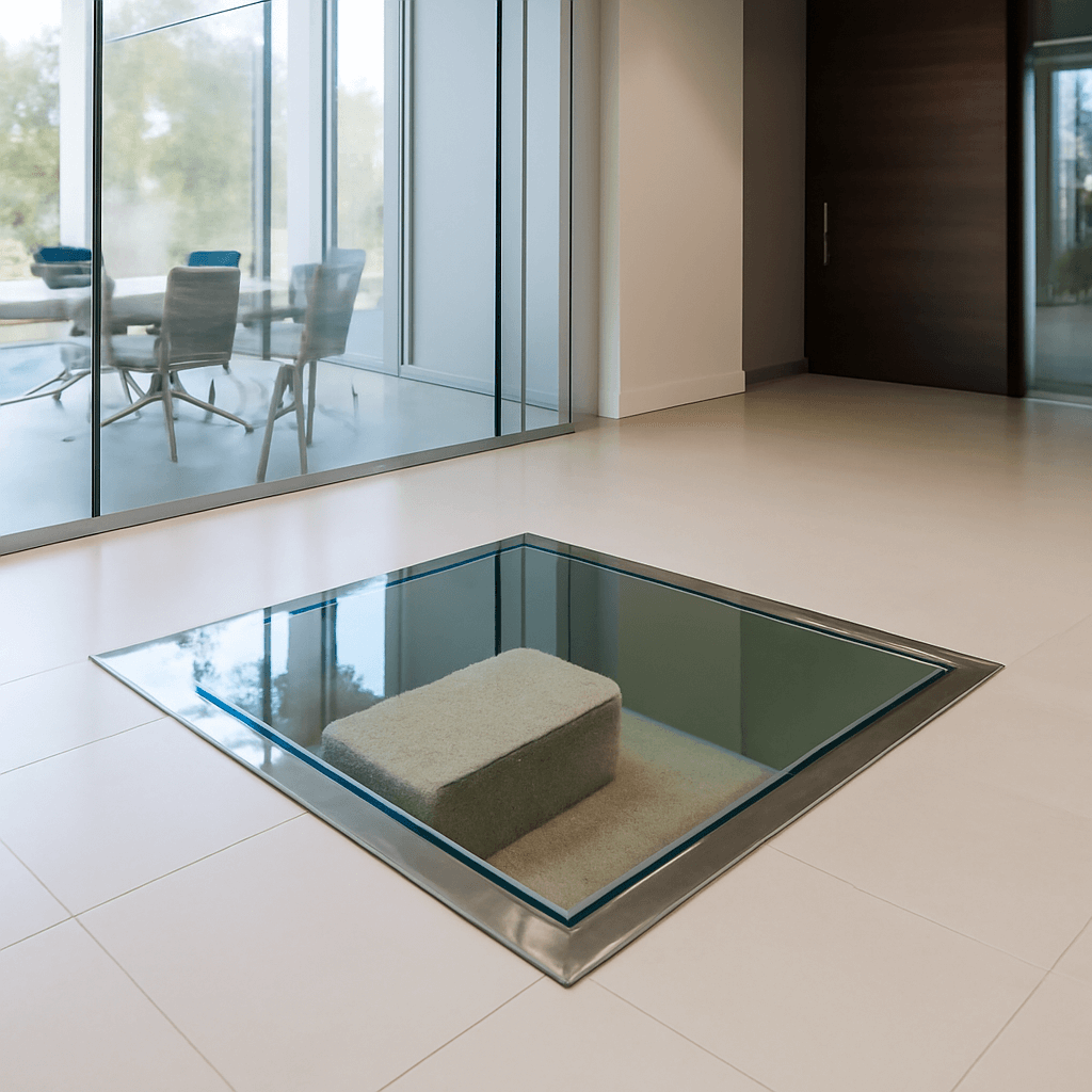 Trappe en verre trempé intégrée dans le sol d’un espace de bureau moderne, solution de plancher en verre pour environnement professionnel en France