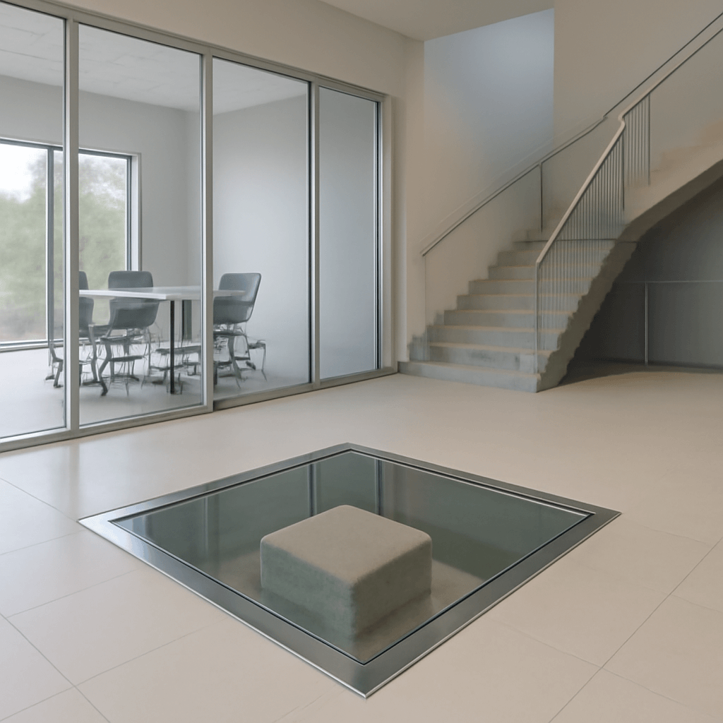 Trappe en verre trempé intégrée dans le sol d’un espace intérieur moderne avec escalier et cloisons vitrées