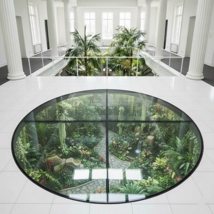 Plancher en verre trempé circulaire pour intérieur de jardin avec vue sur la nature, plantes et chemin de pierre