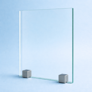 Verre trempé transparent reposant sur des supports métalliques, utilisé dans les projets de design d'intérieur et d'architecture contemporaine